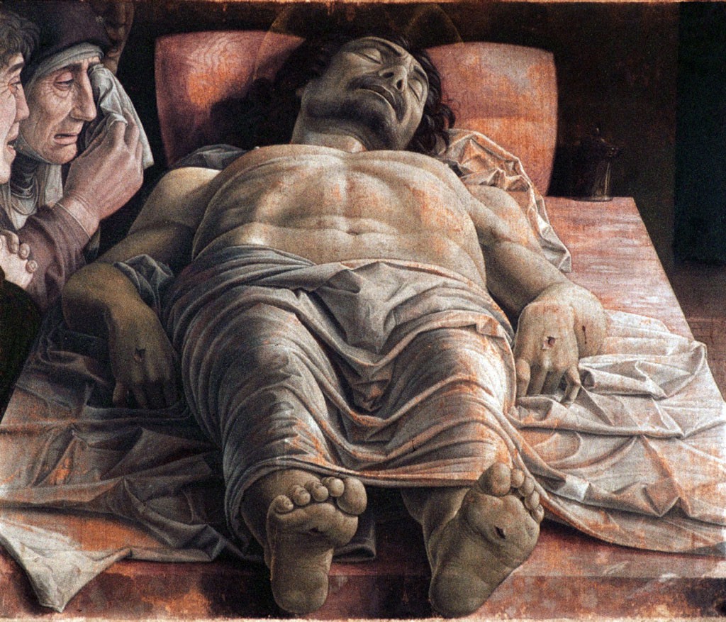 Andrea Mantegna. <b>Opłakiwanie zmarłego Chrystusa</b>. ok. 1480. [online], <i>source: https://pl.wikipedia.org/wiki/Op%C5%82akiwanie_zmar%C5%82ego_Chrystusa_(obraz_Mantegni)</i>